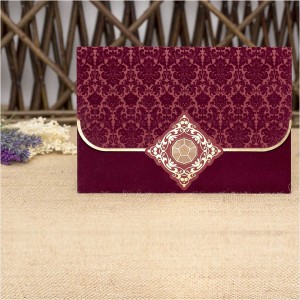 Yakma Kadife Altın Yaldız Süslemeli Bordo Davetiye