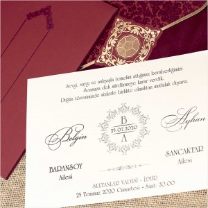 Yakma Kadife Altın Yaldız Süslemeli Bordo Davetiye