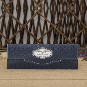 Lacivert Laklı Pencereli Katlamalı Zarflı Düğün Davetiyesi