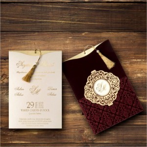 Bordo Yakma Kadife Pencereli Zarflı Düğün Davetiyesi