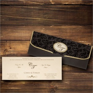 Siyah Yakma Kadife Katlamalı Zarflı Düğün Davetiyesi