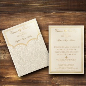 Özel Kesim Kabartma Dokulu Zarflı Düğün Davetiyesi