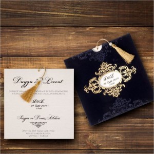 Lacivert Kare Kadife Pencereli Zarflı Düğün Davetiyesi