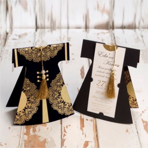 Püsküllü Lacivert Kadife Kaftan Şeklinde Kına Davetiyesi