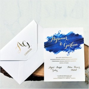 Mavi Boya Efektli Zarfı Yaldız Baskılı Davetiye Modeli