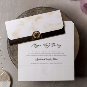 Mermer Desenli Üstten Katlamalı Düğün Davetiyesi