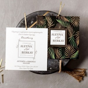 Kare Pencereli Zarflı Yapraklı Düğün Davetiyesi