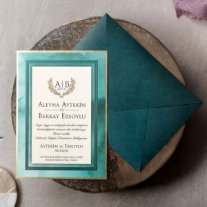Zarfın İçi Yaprak Baskılı Yeşil Düğün Davetiyesi