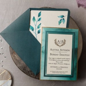 Zarfın İçi Yaprak Baskılı Yeşil Düğün Davetiyesi