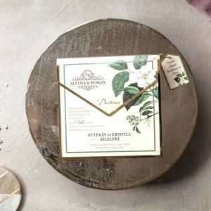 Kare Asetat Zarflı Yapraklı Düğün Davetiyesi