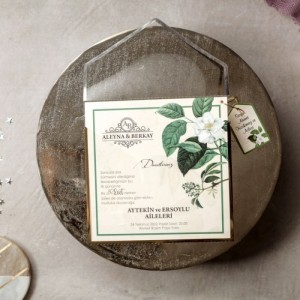 Kare Asetat Zarflı Yapraklı Düğün Davetiyesi