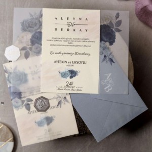 Mavi Zarflı İçi Katlamalı Aydınger Düğün Davetiyesi