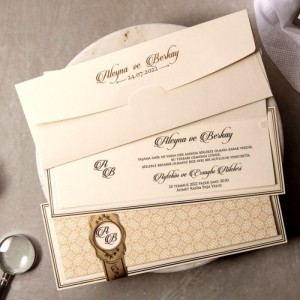 İçi Katlamalı İki Katmanlı Kuşaklı Düğün Davetiyesi