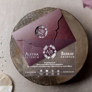 Bordo Pencereli Zarflı Asetat Düğün Davetiyesi