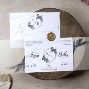 Aydınger Üzerine Mavi Yaprak Desenli Etiketli Davetiye Modeli