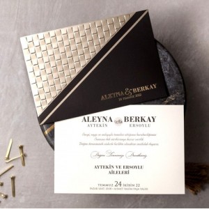 Hasır Desenli Siyah Altın Rengi Kombinli Davetiye