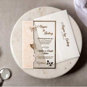 Pembe Krem Kombinli Kelebek Motifli Davetiye Modeli