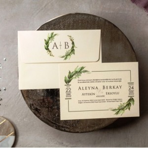 İçi Zarfı Yaprak Kombinli Sade Düğün Davetiyesi