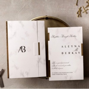 Mermer Desenli Katlamalı Zarflı Düğün Davetiyesi