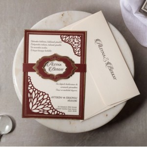 İki Katmanlı Lazer Kesim Bordo Krem Kombinli Davetiye