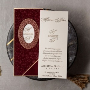 İnce Uzun Bordo Yakma Kadife Yaldızlı Düğün Davetiyesi