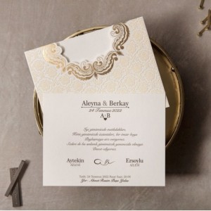 Dokulu Özel Kesim Yaldızlı Zarflı Düğün Davetiyesi