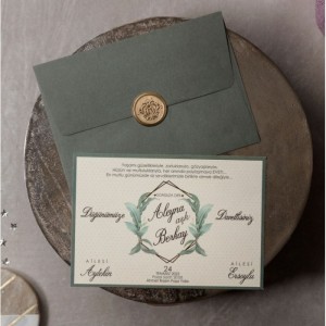 Yeşil Zarflı Etiket Şeklinde Mühürlü Düğün Davetiyesi