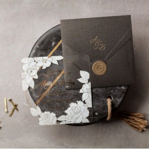 Asetat Üzeri Beyaz Baskılı Mühürlü Düğün Davetiyesi