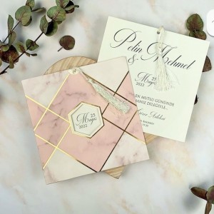 Mermer Desenli Pencereli Zarflı Davetiye