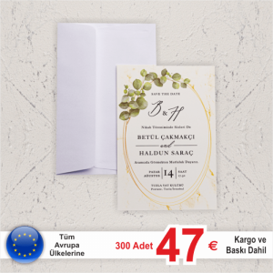Çelenk Yapraklı Beyaz Zarflı Davetiye