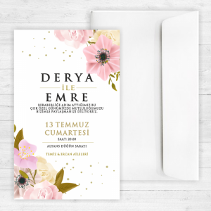 Pembe Çiçekli Düğün Davetiyesi 20291