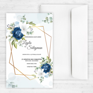 Mavi Çiçekli Düğün Davetiyesi 20276