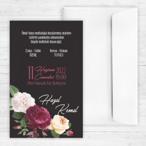 Güllü Siyah Düğün Davetiyesi 20256