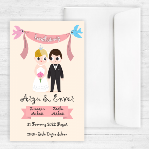 Kuşlu Karikatürlü Düğün Davetiyesi 20334
