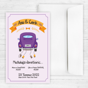 Mor Arabalı Düğün Davetiyesi 20330