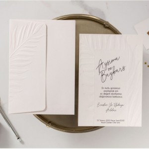 Krem Kabartma Yaprak Dokulu Davetiye