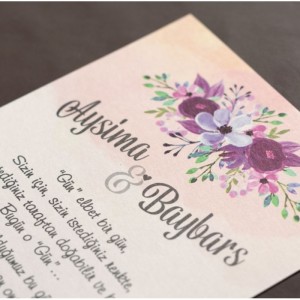 Mor Zarflı Çiçekli Davetiye