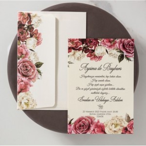 Zarfı İçi Pembe Güllü Davetiye