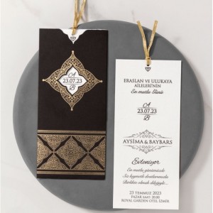 Dikey Yaldız Süslemeli Siyah Davetiye