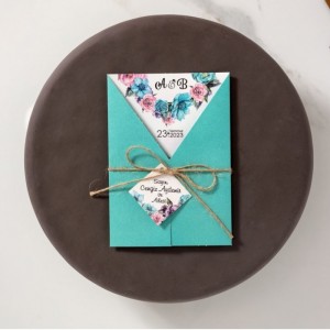 Dışı Mavi İçi Çiçekli Davetiye