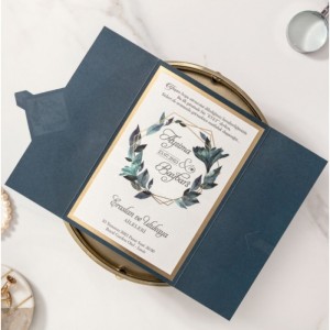 Lacivert Katlamalı Zarflı Kuşaklı Davetiye
