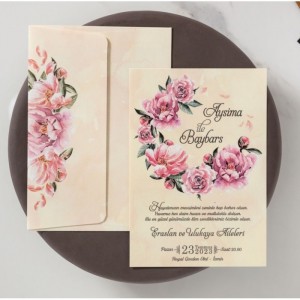 Zarfı İçi Çiçekli Krem Davetiye