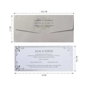 Gri Yatay Zarfa Yaldız Baskılı Düğün Davetiyesi