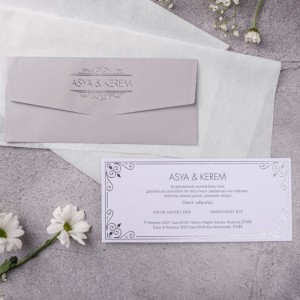 Gri Yatay Zarfa Yaldız Baskılı Düğün Davetiyesi