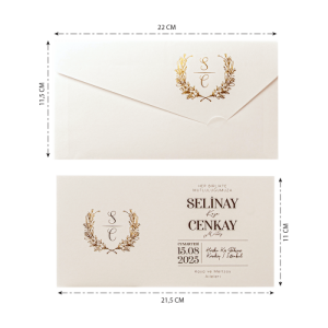 Krem Özel Kesim Zarflı Sade Düğün Davetiyesi