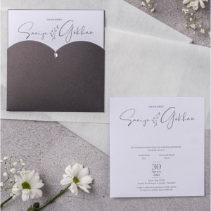 Gri Özel Kesim Zarflı Taşlı Düğün Davetiyesi