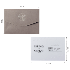 Gri Zarflı Gümüş Yaldız Baskılı Düğün Davetiyesi