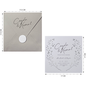 Gri Kare Zarfa Baskılı Etiketli Düğün Davetiyesi