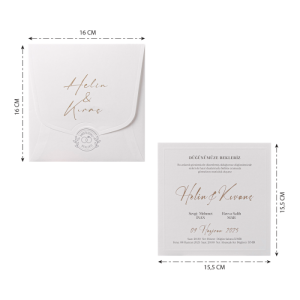 Kare Krem Zarflı Etiketli Sade Düğün Davetiyesi
