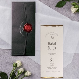 Siyah Zarfa Mühür Görünümlü Etiketli Düğün Davetiyesi